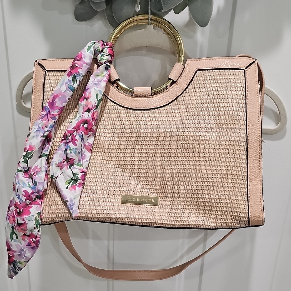 Elegant Beige Woven Handbag with Floral Scarf